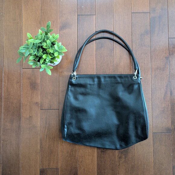 BLACK LEATHER VINTAGE TOTE SHOULDER BAG - Picture 1 of 3